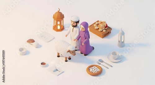 Eid al-Adha celebration scene with pixelated figures of a man and woman in traditional attire, a sheep, lanterns, and food, representing Islamic tradition and festive gatherings.