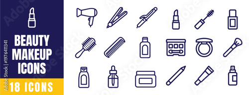 Beauty and Makeup Icons Set – Outline Vector Pack with Lipstick, Hairdryer, Brush, Mascara, Foundation, Mirror and More