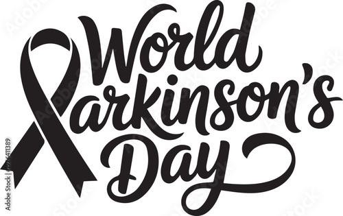World Parkinson’s Day black ribbon with cursive text awareness vector illustration