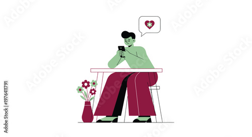 vector illustration of a man sitting at a table with flowers, thinking and smiling, love and romance concept, flat design