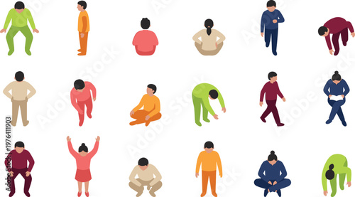 Set of people in various sitting, standing and bending poses illustrating human body positions, movement, posture reference and character design concept