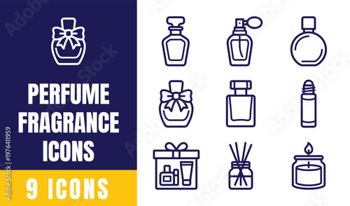 Perfume and Fragrance Icons Set – Outline Vector Pack with Bottles, Spray, Gift Box, Reed Diffuser, Candle and More
