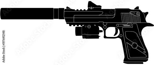 Silenced Desert Eagle with attachments silhouette vector illustration
