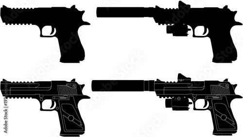 Pistol Desert Eagle silhouette set with and without attachments vector illustration