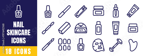 Nail and Skincare Icons Set – Outline Vector Pack with Nail Polish, File, Cream, Serum, Face Mask, Roller and More
