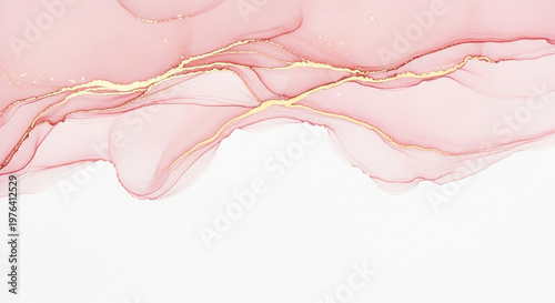 A vibrant abstract background featuring flowing pink alcohol ink waves with glittering gold accents on a white canvas.