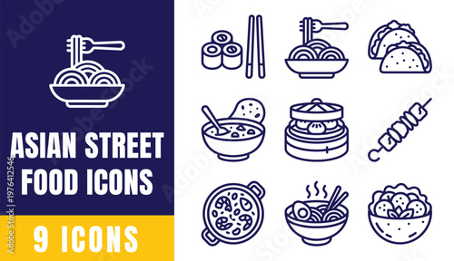 Asian Street Food Icons Set – Outline Vector Pack with Noodles, Sushi, Dumplings, Ramen, Taco, Rice Bowl and More