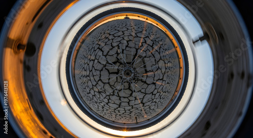 Close-up of a cracked and weathered surface with a circular pattern of dark gray and orange hues, illuminated from within.