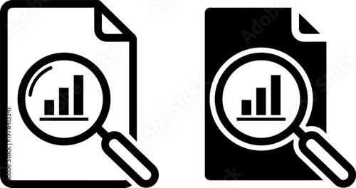 A graphic illustration of two documents with bar graphs under magnifying glasses