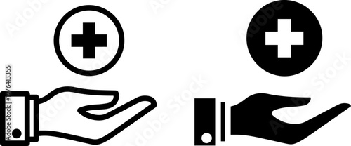 A medical symbol and a hand representing healthcare and wellness services