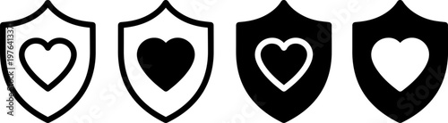 A set of four shield icons with heart symbols in black and white colors on a clean background