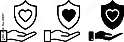 A set of black and white icons depicting hands holding shields with hearts, symbolizing protection and care.