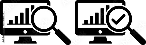 Two computer monitors displaying bar graphs with magnifying glasses for data analysis and verification