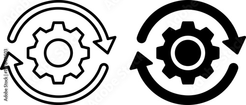Two black and white gear icons with circular arrows on a plain background