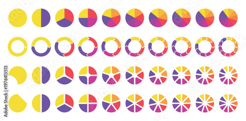 Pie chart set. Colorful diagram collection with 1,2,3,4,5,6,7,8,9,10 sections or steps. Circle icons for infographic, UI, web design, business presentation. Vector illustration.