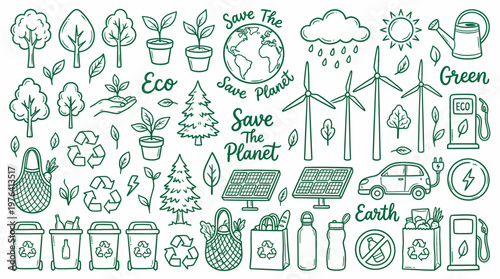 Eco friendly icons set including solar panel recycling wind turbines green earth and save the planet text on white background