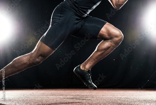 Close up of a muscular sprinter legs launching off the starting block on a track