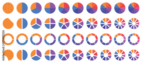 Set of colorful pie charts. Colorful pie charts with varying segments. Circle section graph. donut and pie chart infographic elements set. Set of colorful pie charts with varying segments.