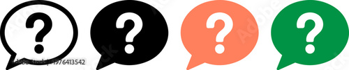 A set of colorful speech bubbles with question marks on a white background