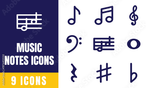 Music Notes Icons Set – Outline Vector Pack with Staff, Clef, Sharp, Flat, Rest and Musical Symbol Illustrations