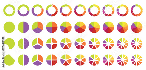Circle pie chart. 1,2,3,4,5,6,7,8,9,10 sections or steps. Flat process cycle. Progress sectors. Pie charts diagrams. Different color circles. donut and pie chart infographic elements set.