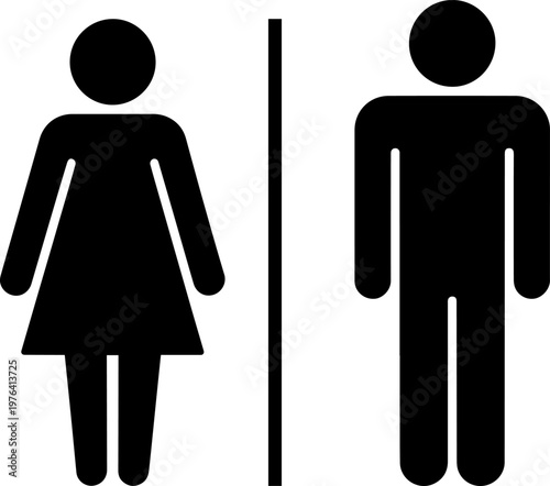 A graphic illustration of a male and female restroom sign on a white background