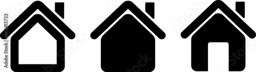 Three simple black house icons on a white background for real estate or architecture design