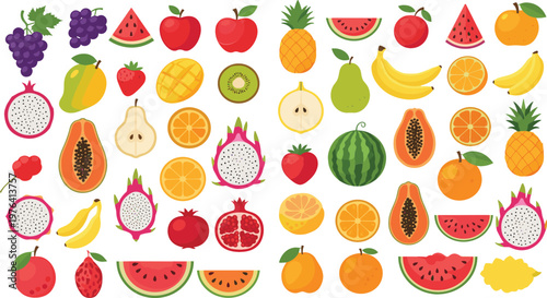 Colorful tropical fruit collection with watermelon pineapple banana citrus apple berries and exotic slices fresh vector illustration set