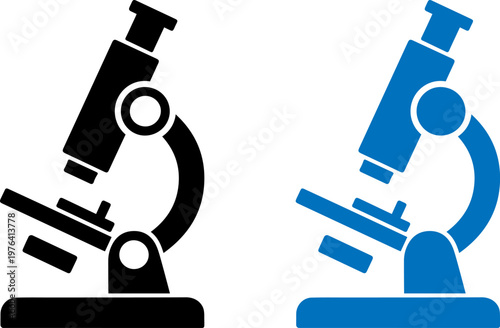 A graphic illustration of two microscopes in black and blue on a white background