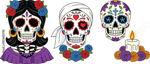 Mexican day of the dead sugar skull characters with floral decorations candle and traditional calavera art vector illustration collection