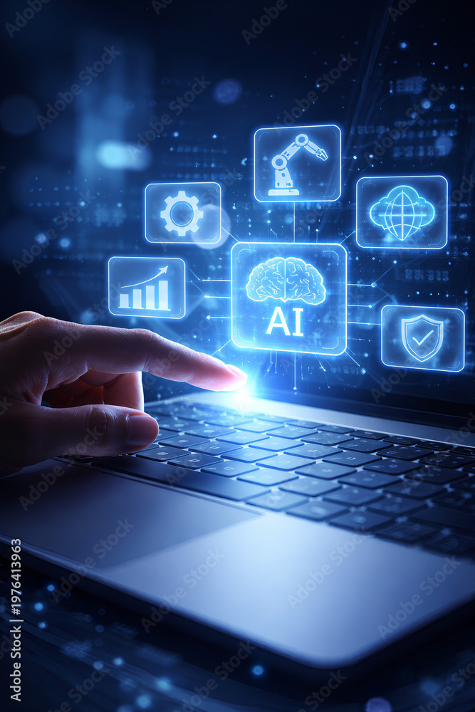 Obraz premium close-up of human hand using laptop with glowing holographic ai icons, futuristic blue lighting and digital interface, ideal for tech innovation, automation, and modern business visuals.,
