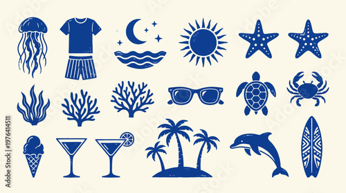 Fotografija Summer vacation icons set including beachwear sea creatures drinks and tropical