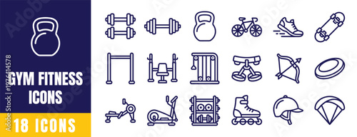 Gym and Fitness Icons Set – Outline Vector Pack with Kettlebell, Dumbbell, Barbell, Bike, Rowing Machine and More