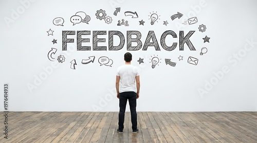 Businessman stands before a large white wall displaying the word feedback surrounded by various hand-drawn icons representing communication and professional growth in a modern office environment.