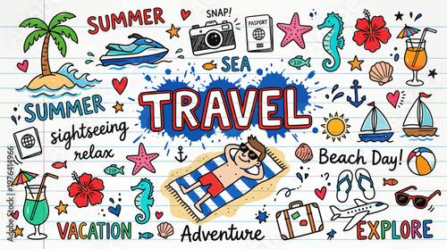 Colorful summer travel and vacation doodles with beach sea and adventure elements on white background