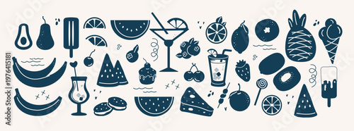 Natural tropical fruits, dessert, citrus orange, vitamin lemon, avocado, strawberry, pineapple. icons for print, banner, poster, social network. art  cute icons, isolated elements on a white backgroun