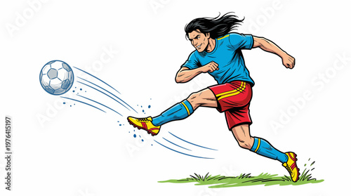 Woman in blue jersey kicking soccer ball with motion lines on green grass field