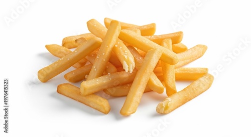 Pile of Golden French Fries on a White Background.