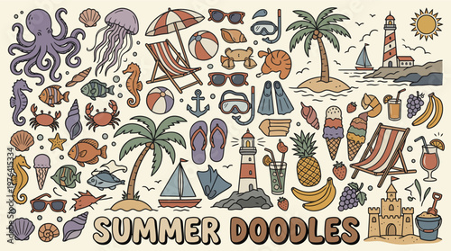 Summer vacation doodles collection with beach icons and symbols