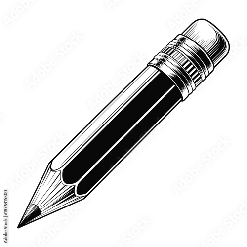 A detailed black and white illustration of a classic pencil sharply pointed silhouette
