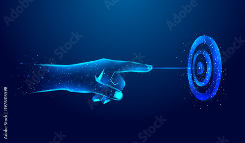 Futuristic Low Poly Hand Pointing at Digital Target, Precision Aiming and Goal Achievement Concept, Technology Interaction Illustration