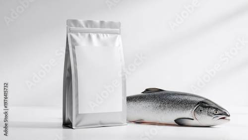 Premium Salmon Pet Food Packaging Mockup with Fresh Fish.
