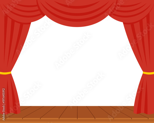 Empty Theater Stage with Elegant Red Curtains, Wooden Floor, and White Background