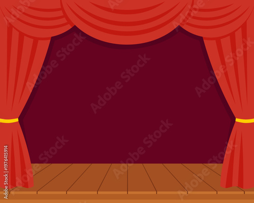 Empty Theater Stage with Elegant Red Curtains and Wooden Floor Ready for Performance