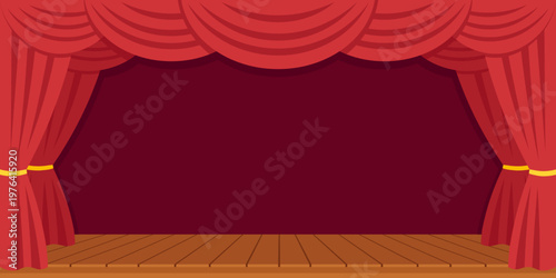 Empty Theater Stage with Red Curtains, Wooden Floor, and Dark Red Background
