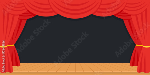 Empty Theater Stage with Red Curtains, Wooden Floor, and Black Background