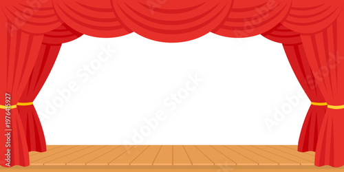 Empty Theater Stage with Red Curtains, Wooden Floor, and White Background