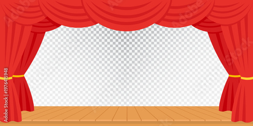 Empty Theater Stage with Red Curtains, Wooden Floor, and Transparent Background