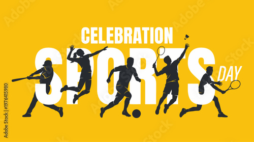Sports celebration day silhouettes of athletes playing various sports on yellow background