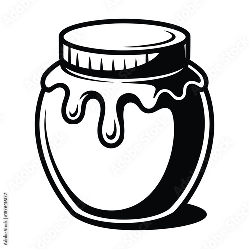 A black and white illustration depicts a honey jar with dripping contents a striking silhouette